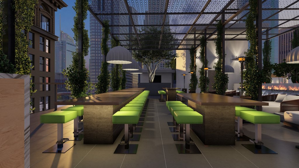 a rendering of a restaurant with green stools and tables