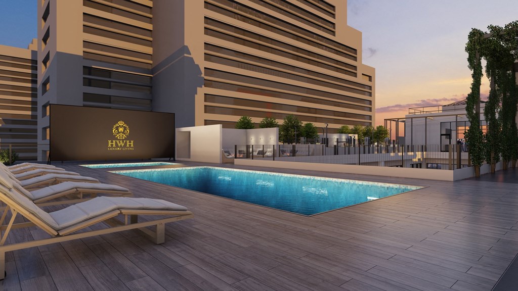 a swimming pool on the roof of a building