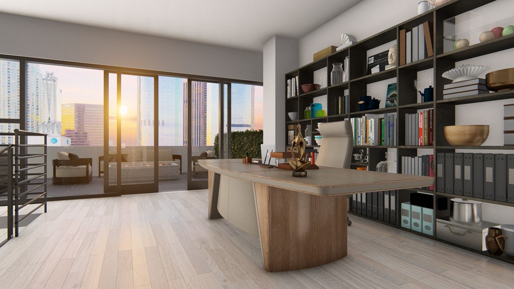 a rendering of a living room with a desk and a library