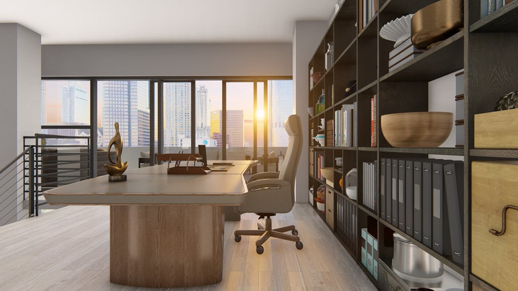 a home office with a desk and a book shelf
