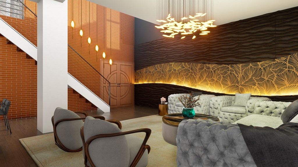 a living room with a couch and a bed