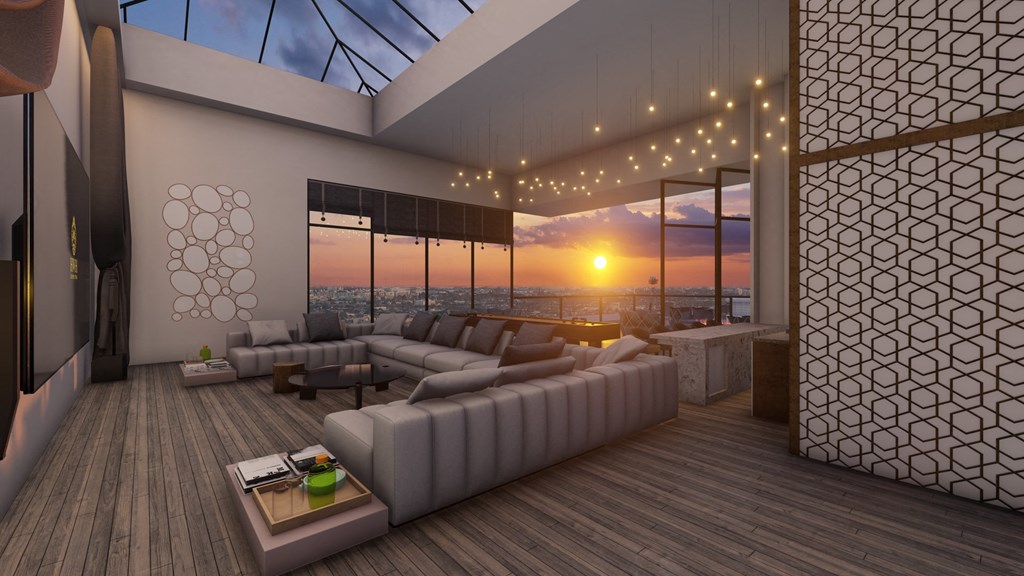 a rendering of a living room with a view of a sunset