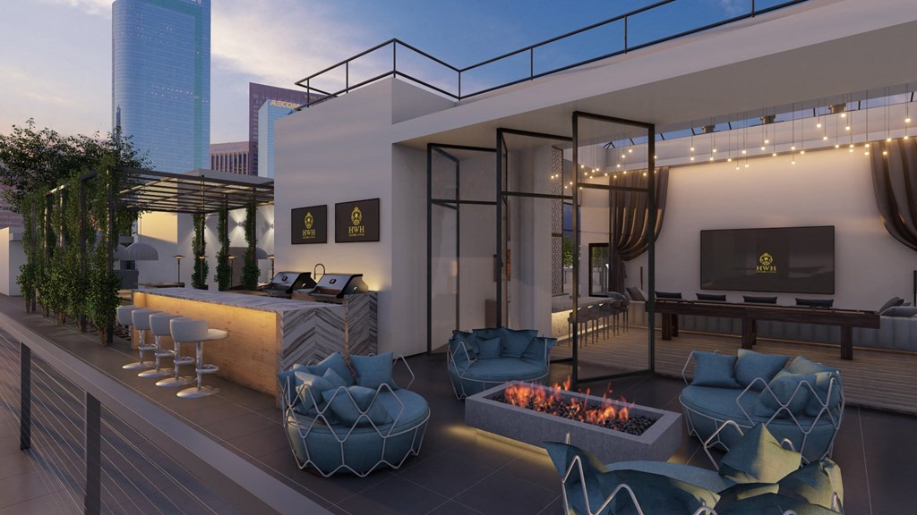 a rendering of a living room with a fire pit