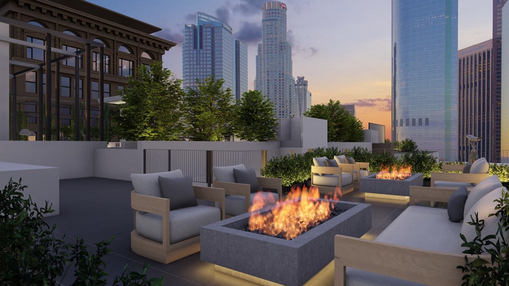 a rendering of a rooftop lounge with a city skyline in the background