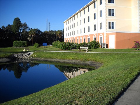 residents enjoy views of our apartment's pond