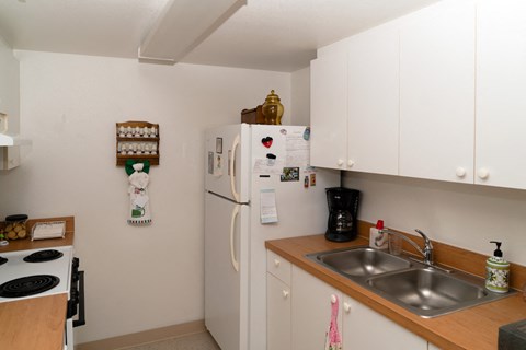 kitchen with white appliances and cabinetry