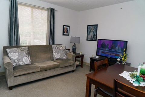 living room with plush carpeting and large window