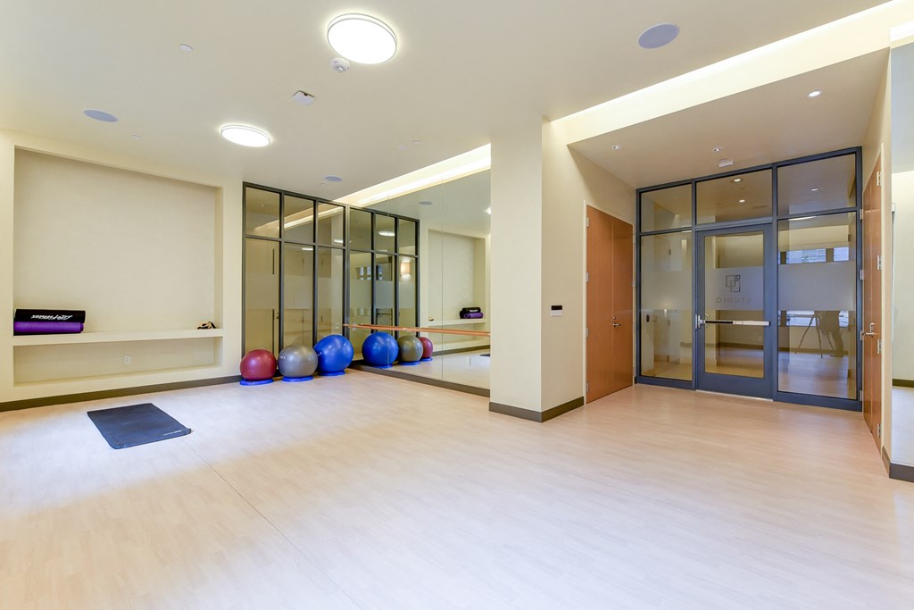 a fitness room with yoga balls and mirrors