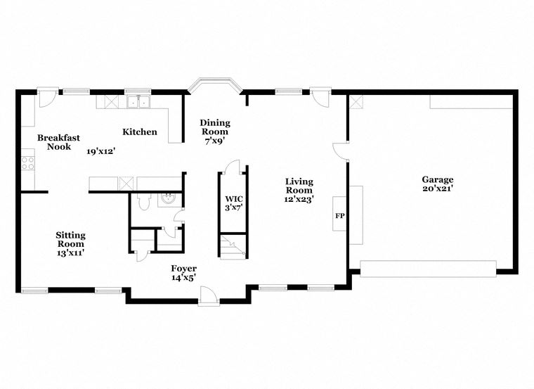 a floor plan of a house with an open floor plan with bedrooms and a kitchen