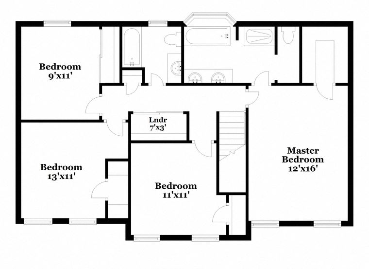 a floor plan of a house with bedrooms and baths and a master closet