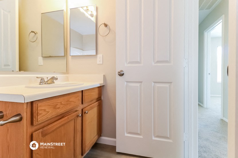 a bathroom with a sink and mirror and a white door