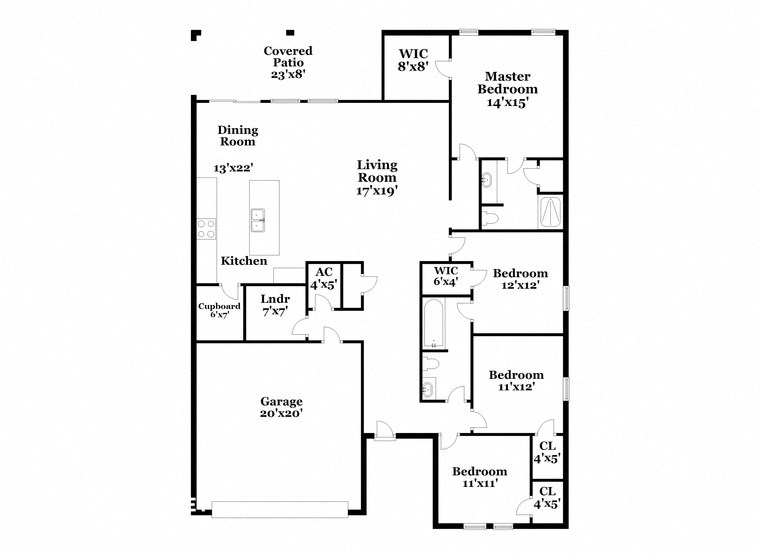 a floor plan of a house with a combination of bedrooms and baths