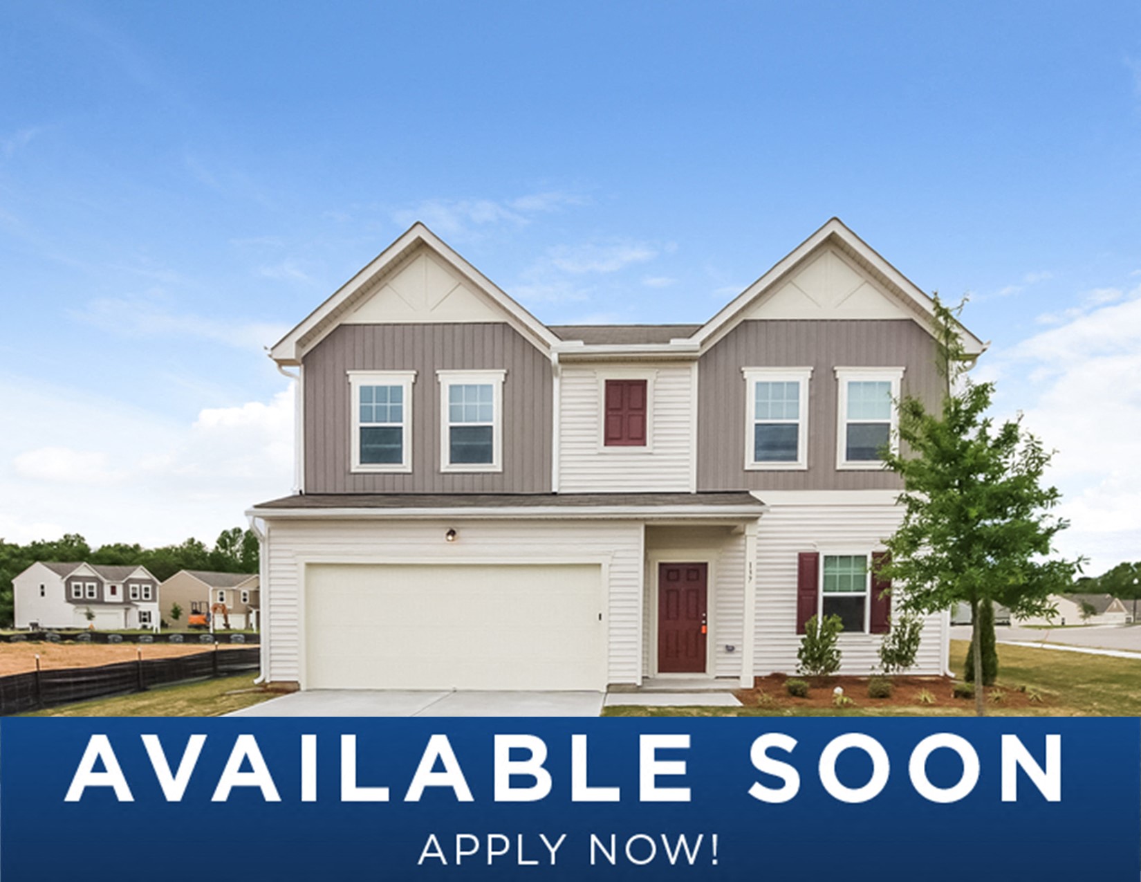 a white house with a garage door and the words available soon