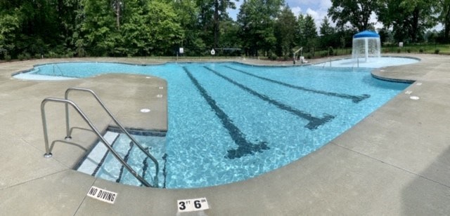 a swimming pool with a ladder in the middle of it