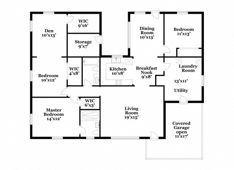 a floor plan of a house with an open floor plan with bedrooms and a kitchen