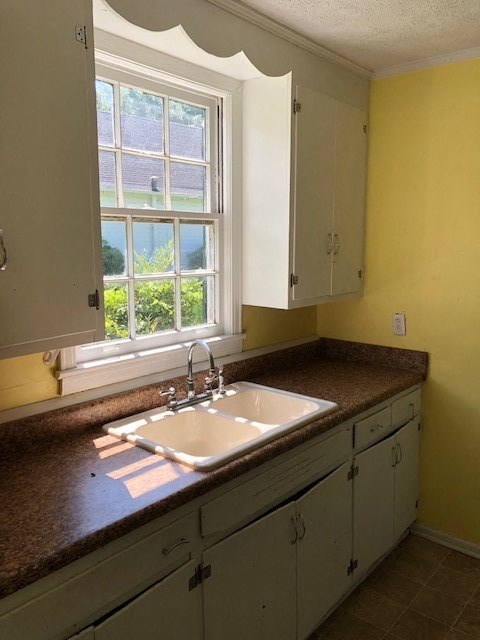 a kitchen with a white sink and a window