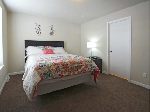 a bedroom with a bed and a door to a closet