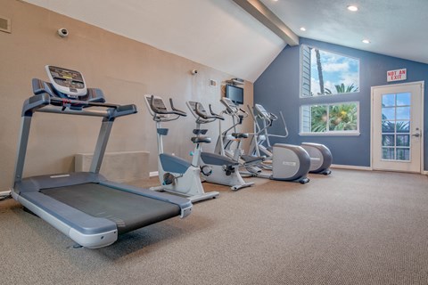 A room with a treadmill, elliptical machines and other exercise equipment.
