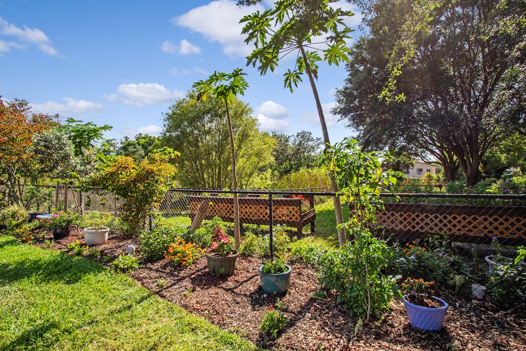 lush garden at Villa Vincente with potted plants and mature trees