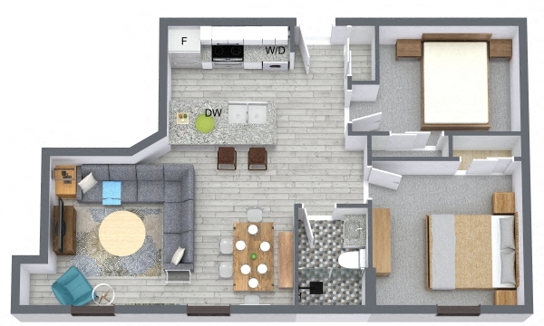 3D 750 Sq. Ft floor plan showing furniture placement