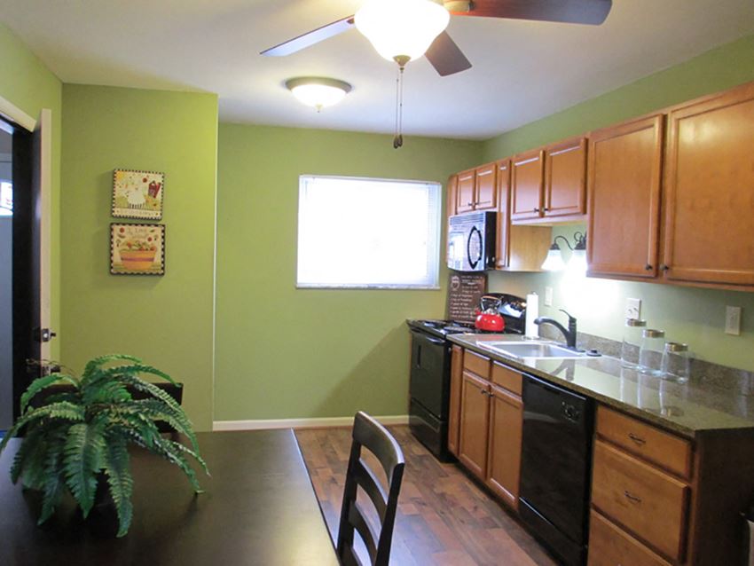 a kitchen with green walls and wooden cabinets and a counter top