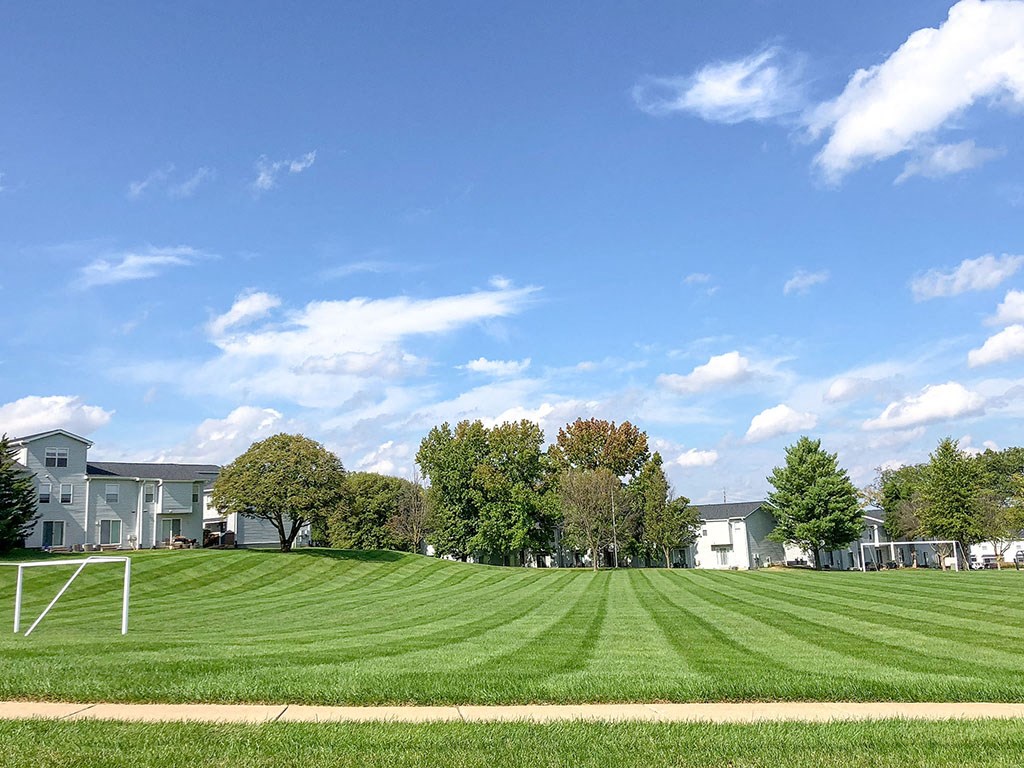 a soccer field with houses and trees in the background