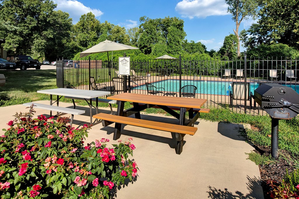 our picnic tables are next to our swimming pool
