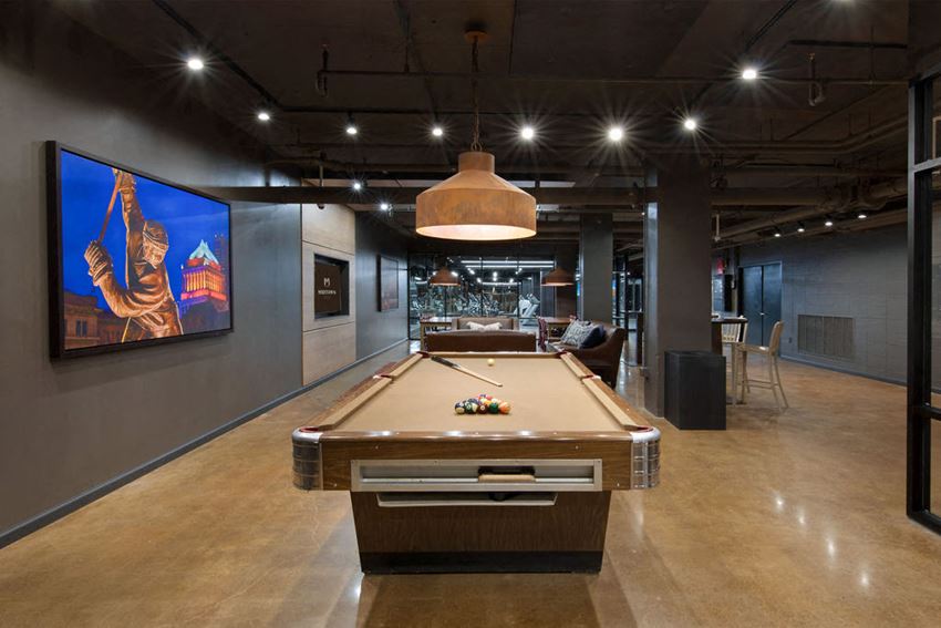 a game room with a pool table and a tv