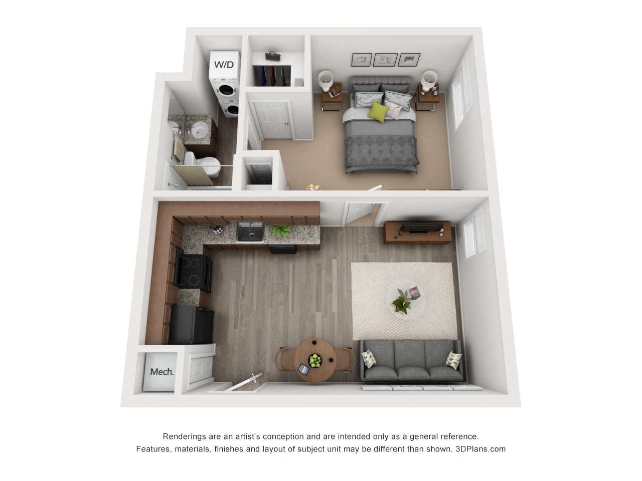 One-Bedroom, One-Bathroom 3D Floor Plan Rendering at Landmark Apartments