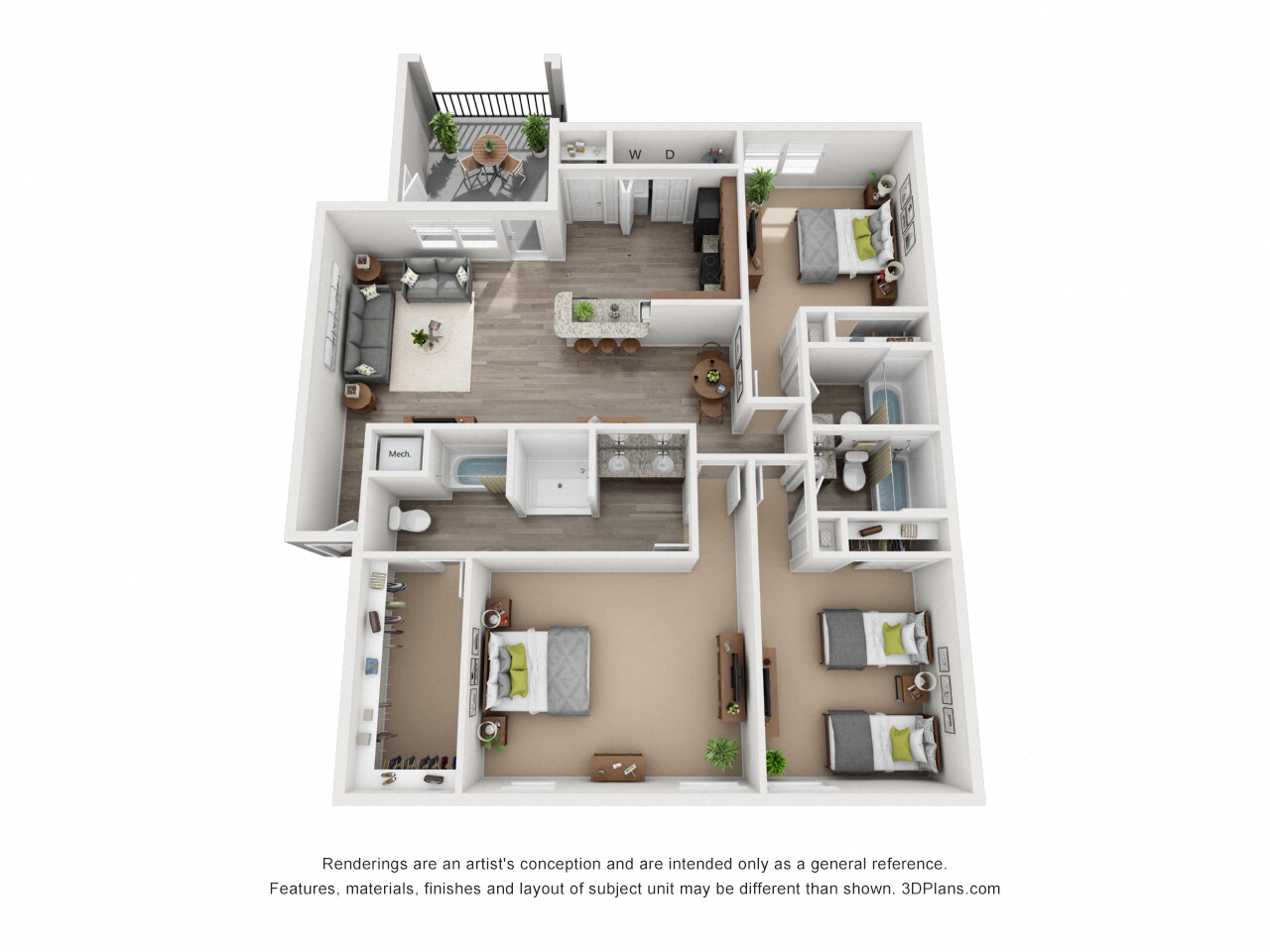 Three Bedroom Three Bathroom Cypress Floorplan at Landmark Apartments