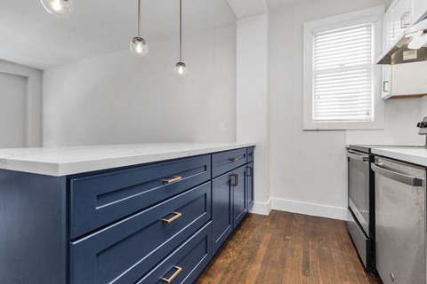 A kitchen with dark blue cabinets and a stainless steel dishwasher.