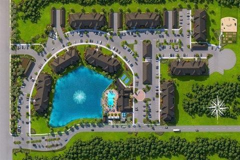 a birds eye view of a resort with a large pool