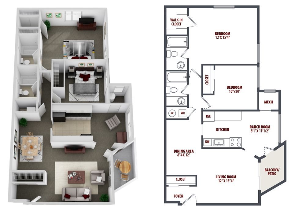 Two Bedroom Flooorplan Two Bedroom Floorplans side to side
