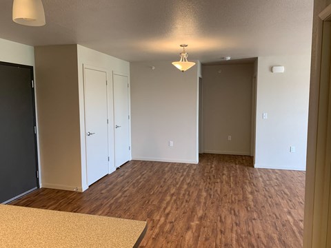 a empty living room with wood flooring and a ceiling lamp