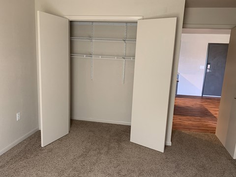 a bedroom with a closet and a carpet