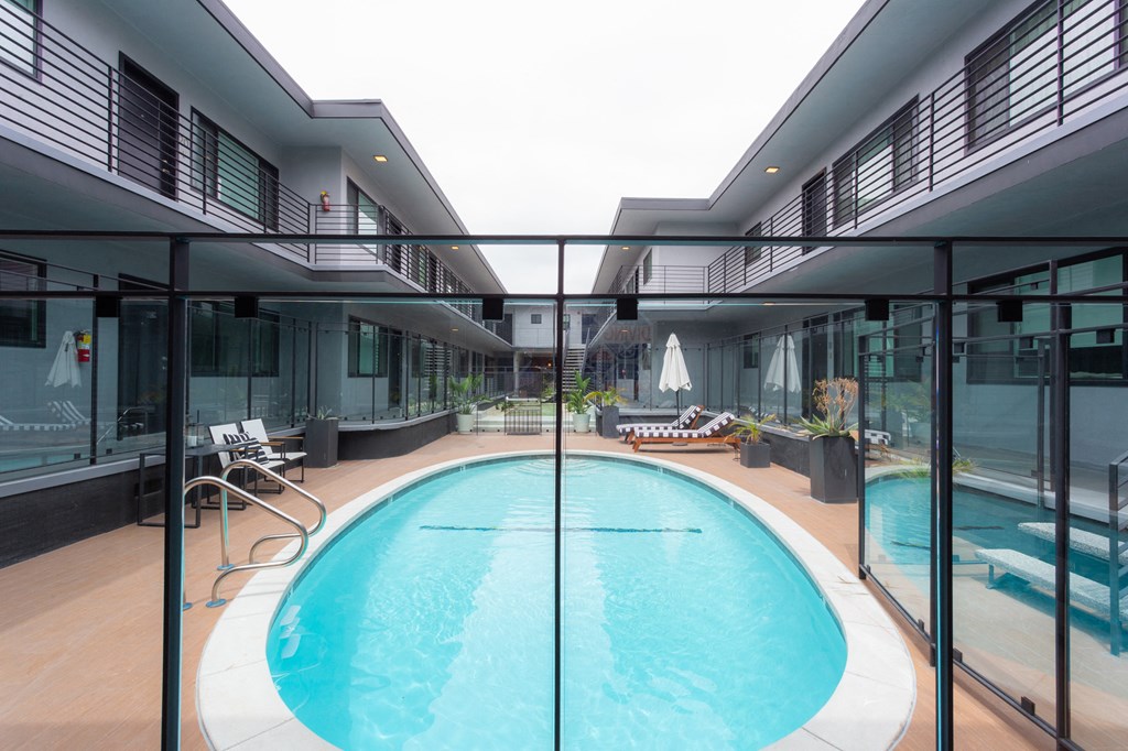 Pool surrounded by glass walls