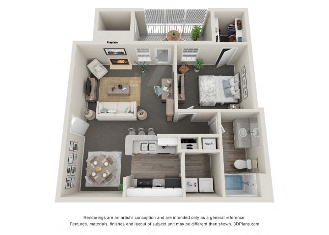 1 Bedroom 1 Bath Floor Plan | 708 Sq. Ft. at Litchfield Oaks Apartments at Litchfield Oaks Apartments, South Carolina, 29585