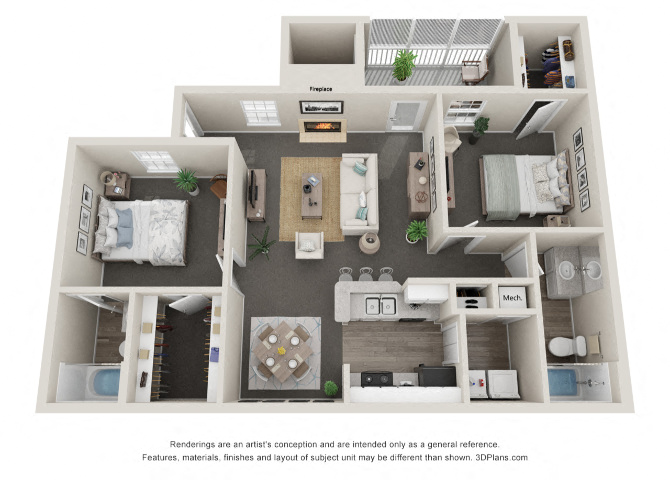 2 Bedroom 2 Bath Floor Plan | 964 Sq. Ft. at Litchfield Oaks Apartments at Litchfield Oaks Apartments, Pawleys Island, SC, 29585