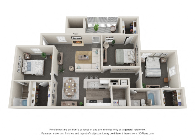 3 Bedroom 2 Bath Floor Plan | 1,184 Sq. Ft. at Litchfield Oaks Apartments at Litchfield Oaks Apartments, Pawleys Island, SC