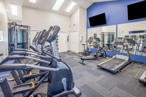a gym with cardio machines and weights at the monarch apartments in midtown