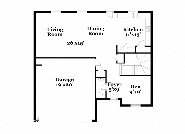 a floor plan of a house with a garage and a living room