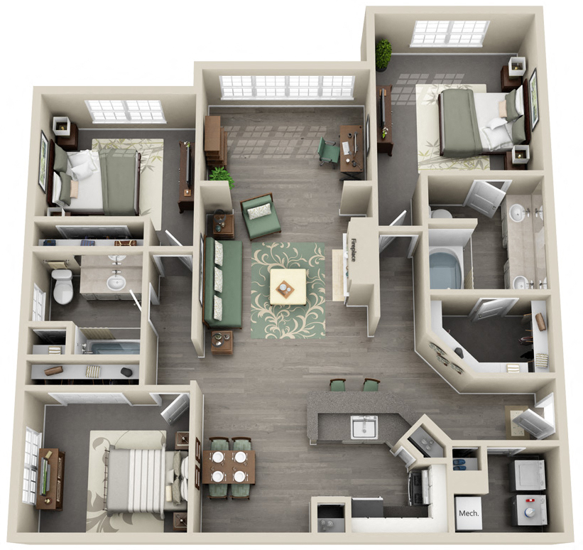 Three Bedroom Two Bathroom at The Grand Reserve at Tampa Palms Apartments, Tampa, 33647