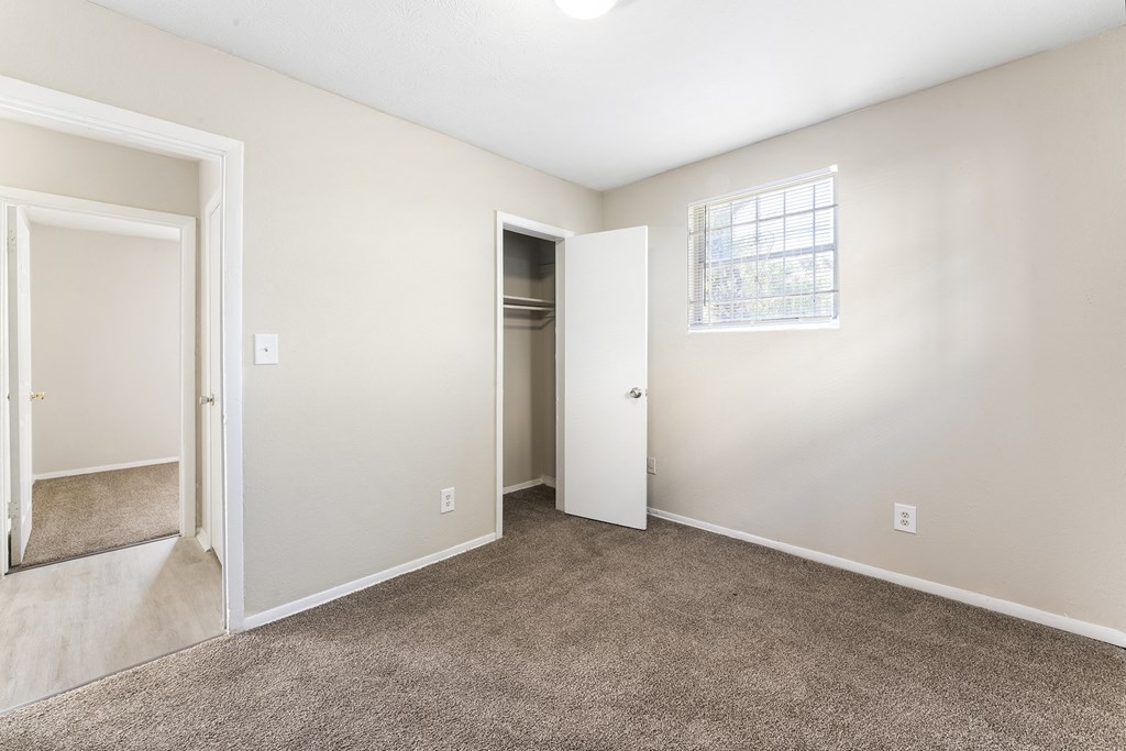 an empty room with carpet and a door to a closet