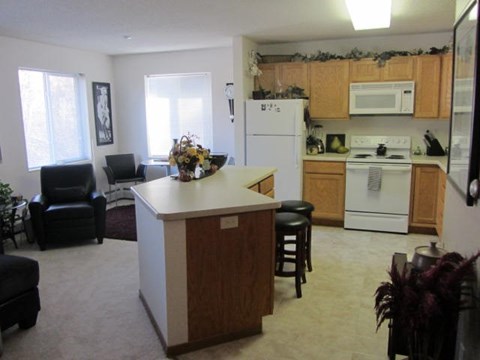 a kitchen and living room with a counter top