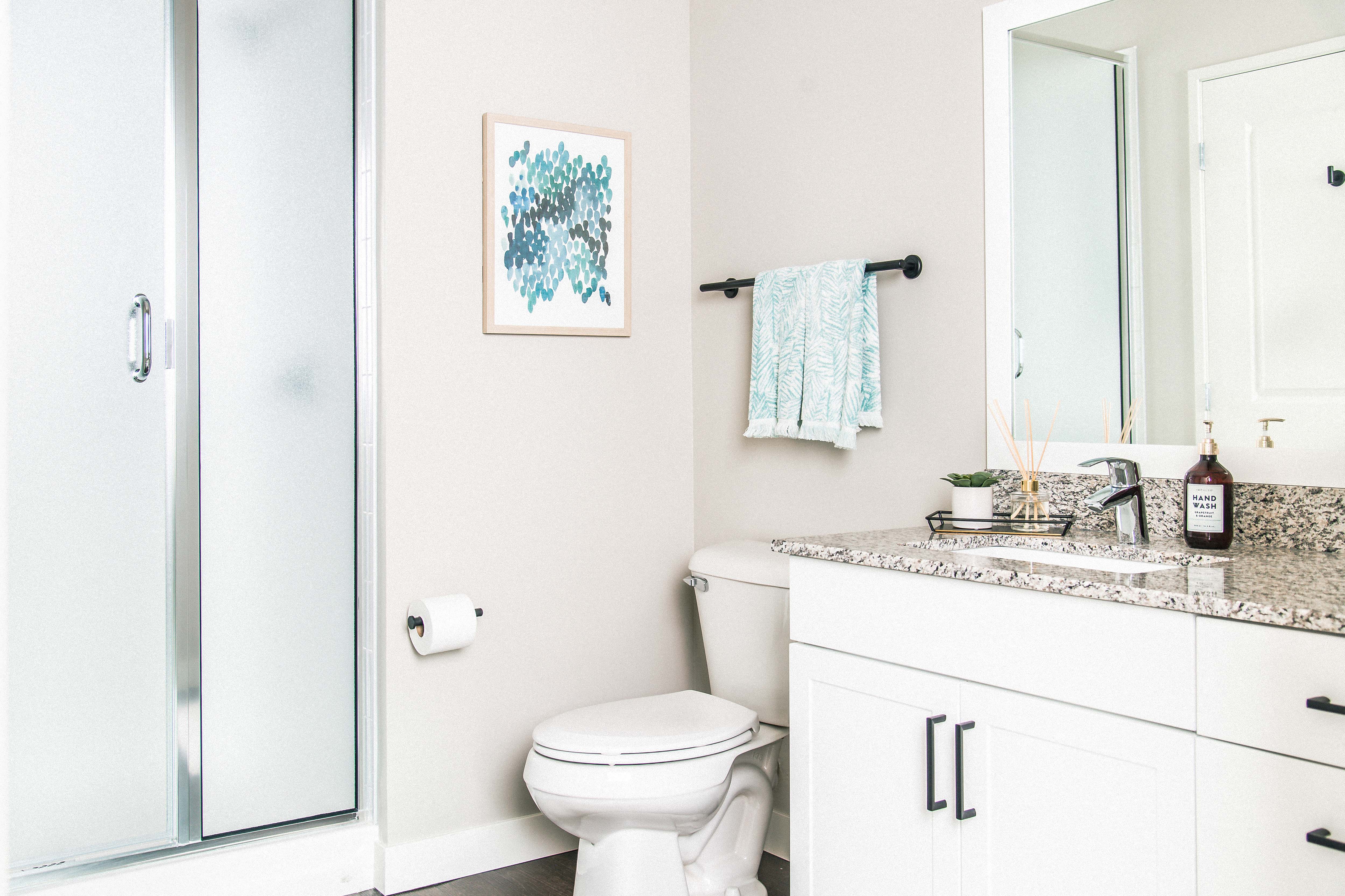 Inviting bathroom with elegant granite countertops, resilient stain-resistant plank flooring, and a modern shower.