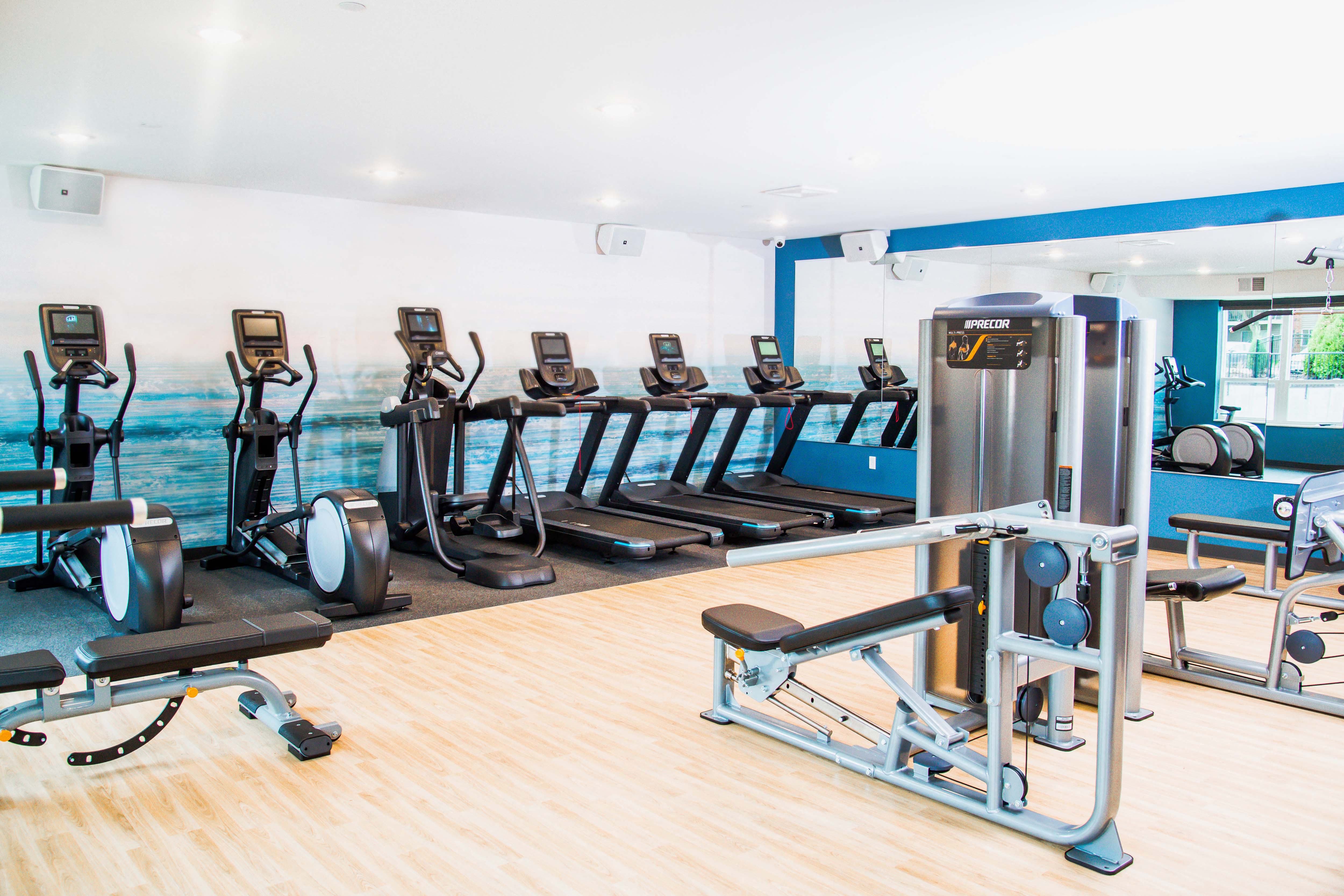 Vibrant fitness center within the apartment complex, equipped with modern amenities. The image captures a well-lit space filled with state-of-the-art exercise equipment, including treadmills, elliptical machines, and an array of free weights.