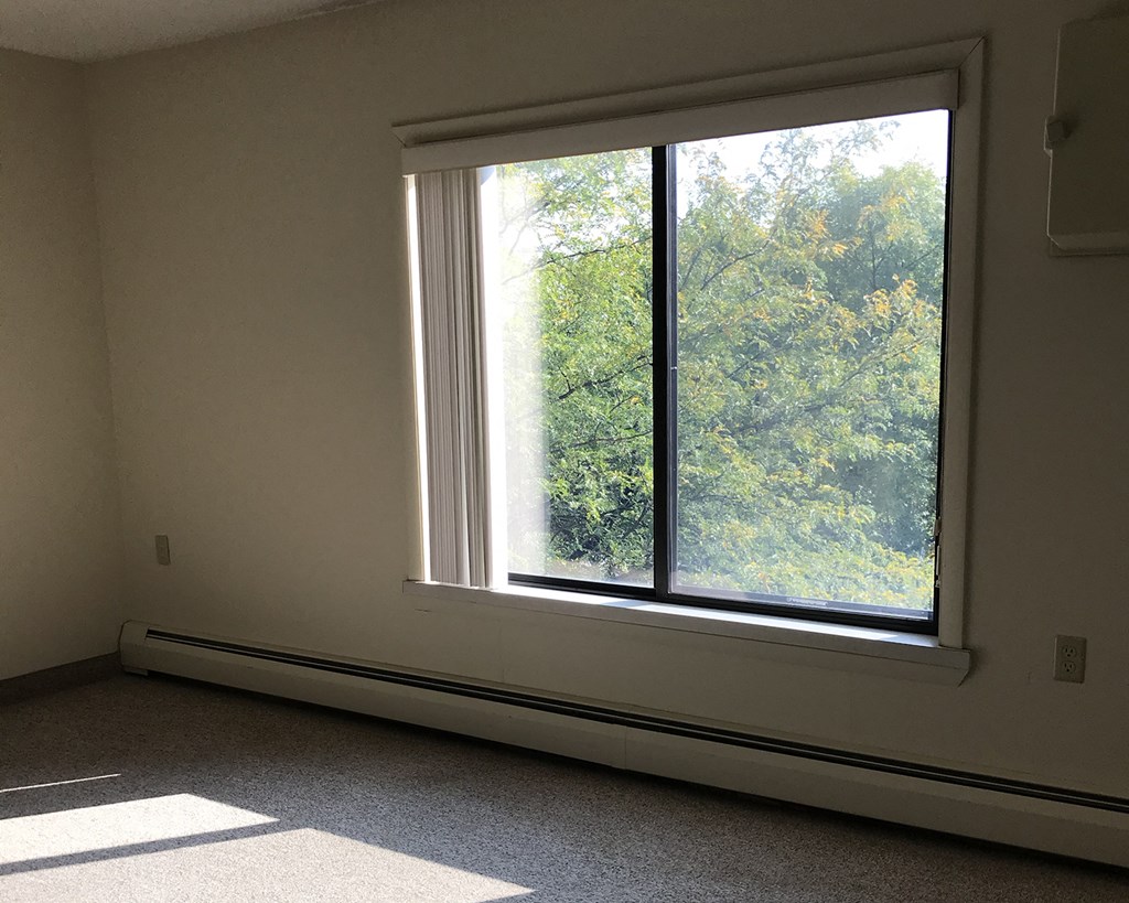 an open window in a room with a view of trees