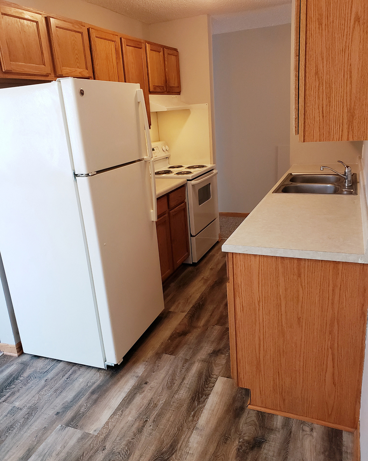 an empty kitchen with a refrigerator and a sink