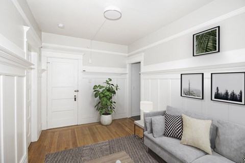 A living room with a grey couch and a potted plant.