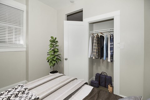 a bedroom with a bed and a closet